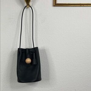 Building Blocks Pebble Leather Black Tote Bucket Bag with Wooden Tassel Drawstri